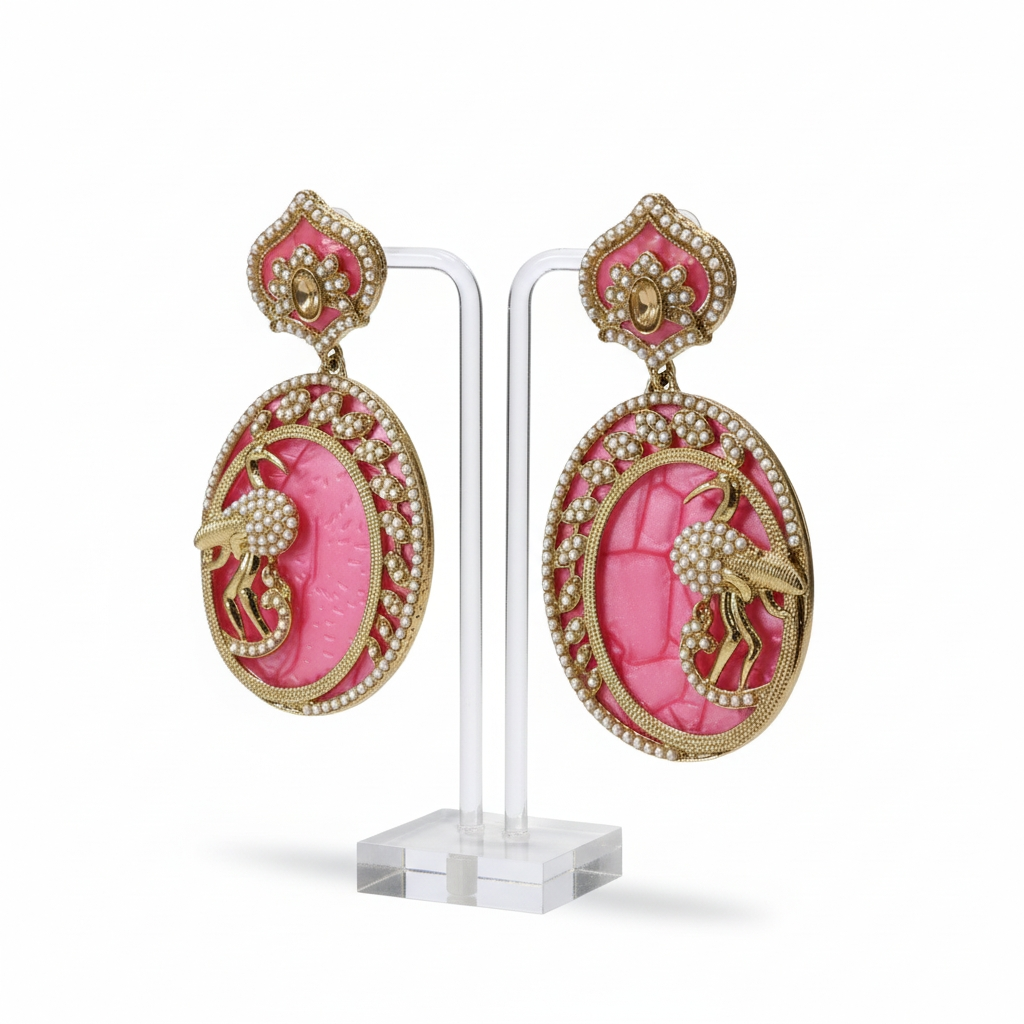 Pink Coral Peacock Gold Drop Earrings – Ethnic Wedding Chandbali Earrings