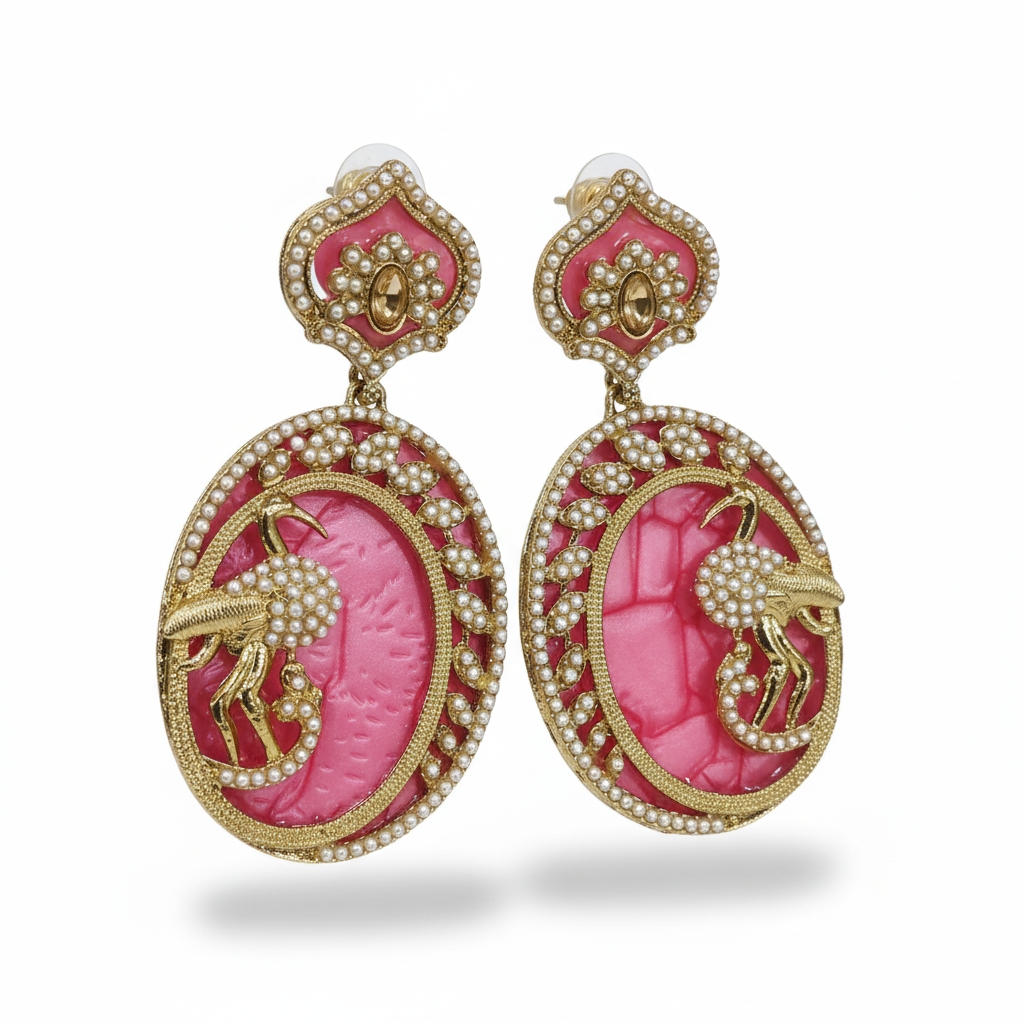 Pink Coral Peacock Gold Drop Earrings – Ethnic Wedding Chandbali Earrings