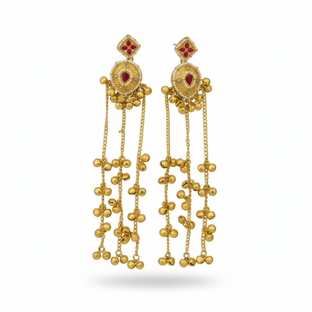 Elegant Gold Chandelier Earrings with Ruby & Ghungroo Drops
