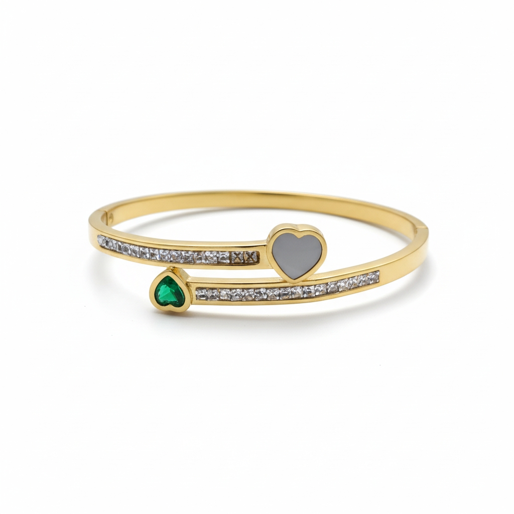Green Heart Pearl Gold Wrap Anti Tarnish Bracelet – Elegant CZ Pave Cuff Bangle