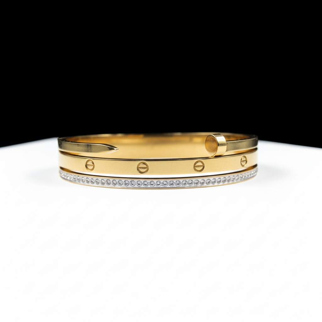 Gold Luxury Tennis Anti Tarnish Bracelet Set with Screw Rivet Detail – Stackable Designer Bangles