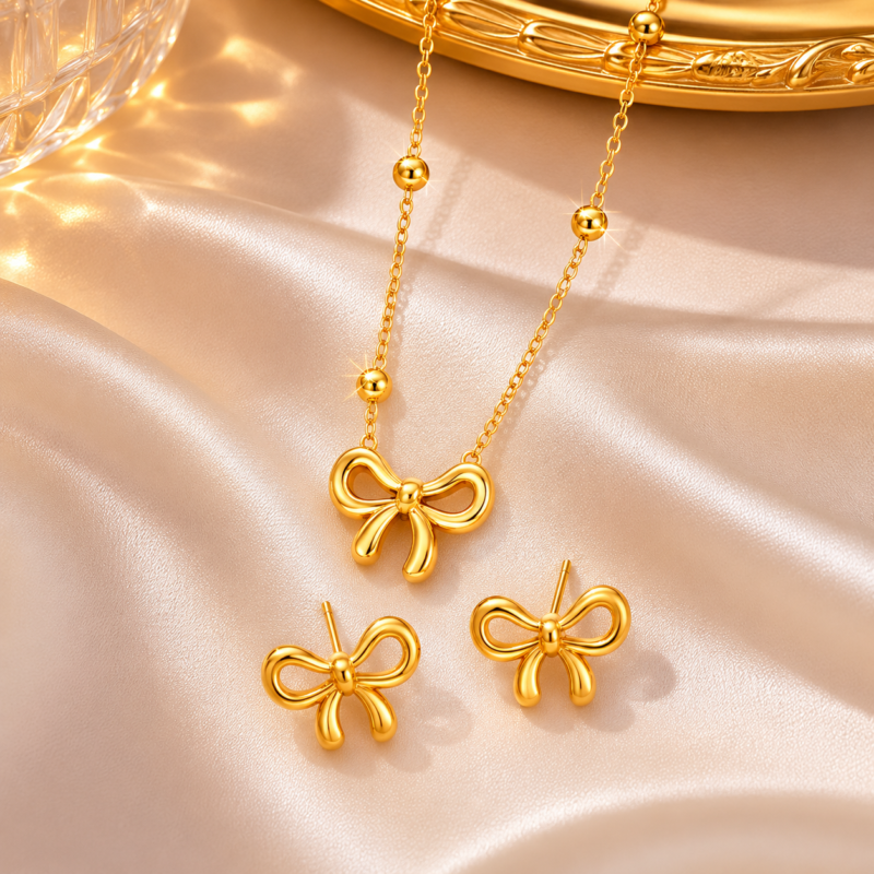 Golden Bow Charm Earrings & Necklace Set