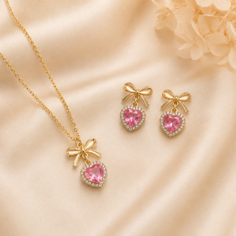 Pink Heart Bow Necklace & Earrings Set