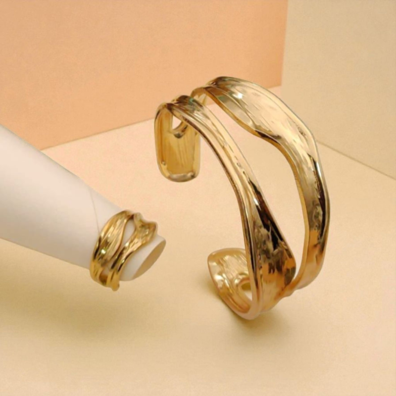 Organic Ripple: Anti-Tarnish Hammered Cuff & Ring Set