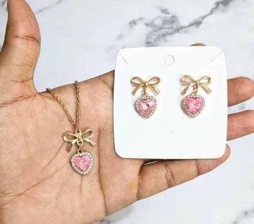 Pink Heart Bow Necklace & Earrings Set