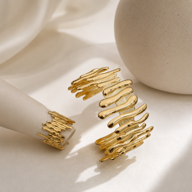 Sculptural Anti-Tarnish Bracelet & Ring Statement Set